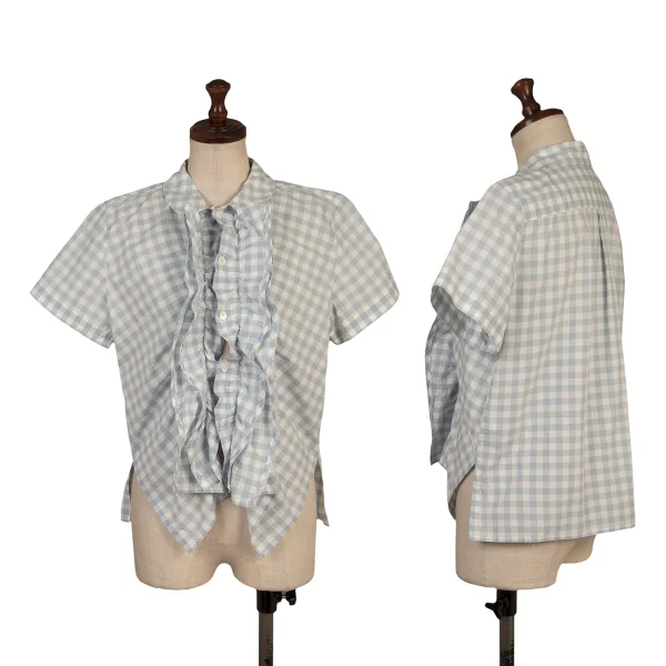 tricot COMME des GARCONS Frill Round Collar Checked Short Sleeve Shirt White,Sky blue M K-165660_001