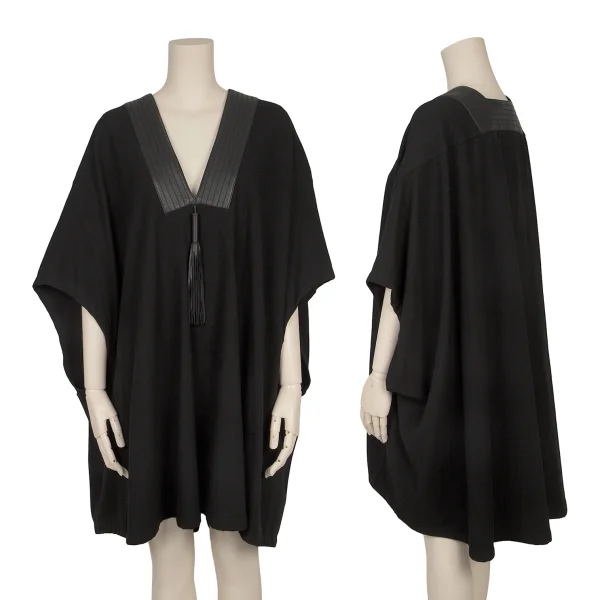 HERMES Tassel Leather Switching Wool Poncho Black 34 K-165750_001