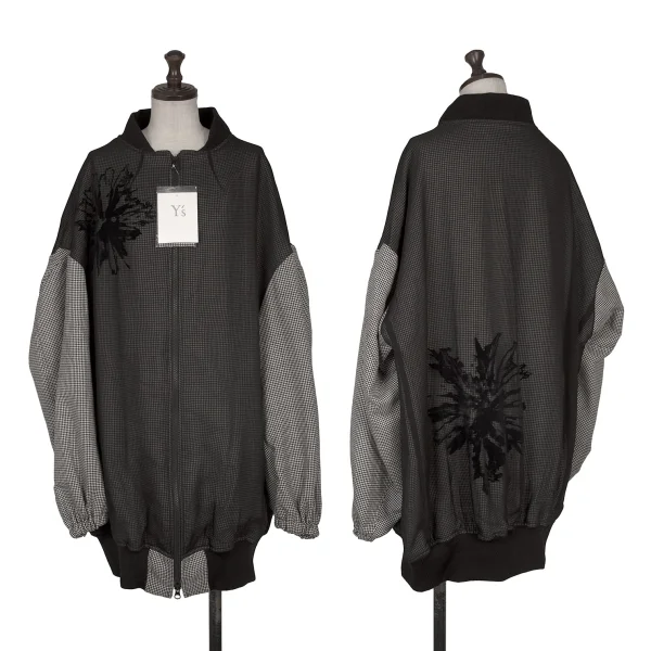 Y's Floral Flock Printed Houndstooth Long Blouson Black,White 2 K-165770_001