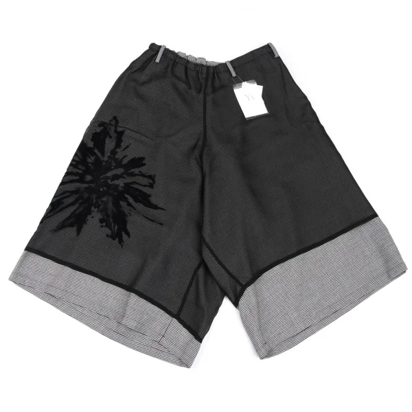 ワイズY's フラワーフロッキープリントハウンドトゥースアシンメトリーパンツ 黒オフ1