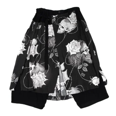 BLACK Scandal Yohji Yamamoto Monochrome Skull And Rose Print Wrap Pants