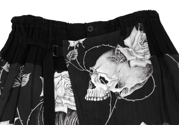 BLACK Scandal Yohji Yamamoto Monochrome Skull And Rose Print Wrap Pants K-165793_002