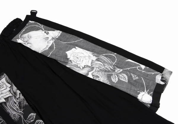 BLACK Scandal Yohji Yamamoto Monochrome Skull And Rose Print Wrap Pants K-165793_004