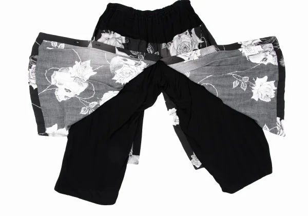 BLACK Scandal Yohji Yamamoto Monochrome Skull And Rose Print Wrap Pants K-165793_019