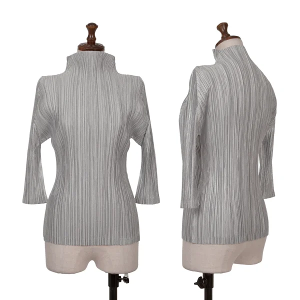 PLEATS PLEASE Shiny High-neck 3/4 Sleeve Top Silver 3 K-165839_001