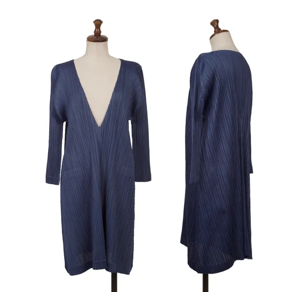 PLEATS PLEASE Pleats V-neck 3/4 Sleeve Flare Tunic Navy 4 K-165851_001