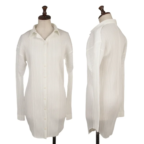 PLEATS PLEASE Pleated Open Collar Long Shirt White 3 K-165894_001