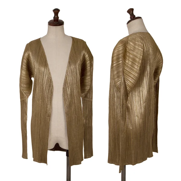 プリーツプリーズPLEATS PLEASE 箔プリントボタンレスカーディガン ゴールド3