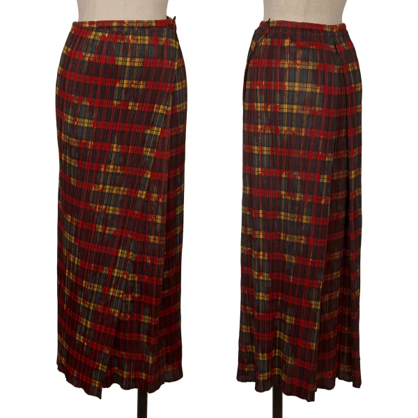 プリーツプリーズPLEATS PLEASE ボタニカルチェックプリーツラップデザインスカート 赤緑2