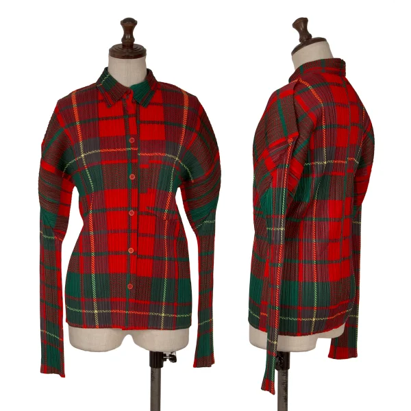 プリーツプリーズPLEATS PLEASE タータンチェックプリントプリーツシャツ 赤緑3