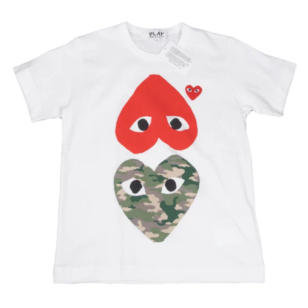 新品!プレイ コムデギャルソンPLAY COMME des GARCONS 胸ハートワッペン逆さハートプリントTシャツ 白他L