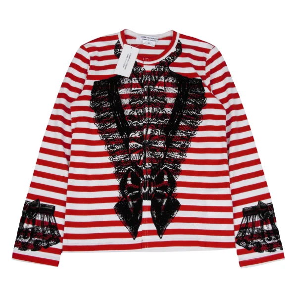 COMME des GARCONS Striped Switching Flocked Print Top Red,White M K-166051_001