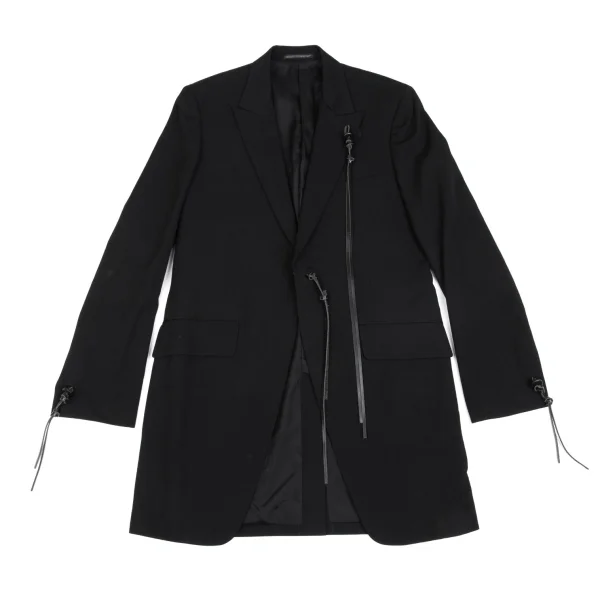 Yohji Yamamoto POUR HOMME Leather Strap Wool Gabardine Long Jacket Black 3 K-166075_001