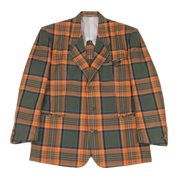 Jean Paul GAULTIER HOMME Linen Cotton Tartan Check Jacket Orange,Dark Green S-M K-166378_001