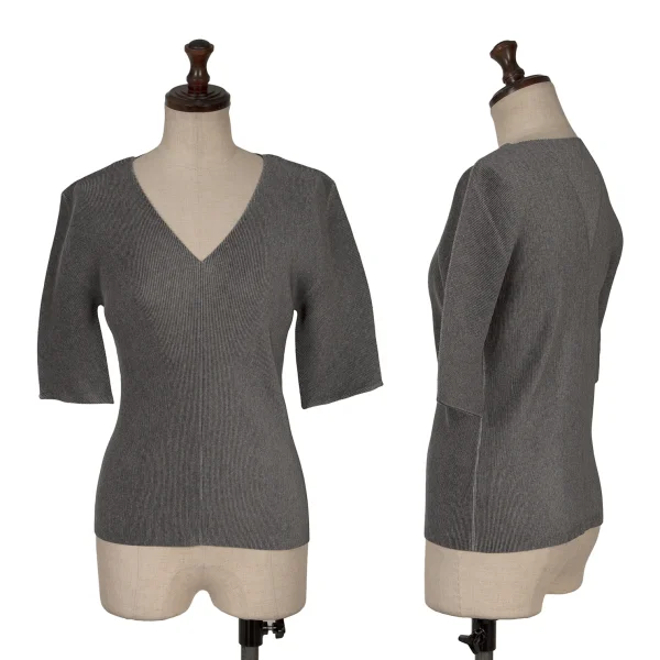 PLEATS PLEASE Crepe Pleated V-neck Short Sleeves T-shirt Grey 3 K-166490_001