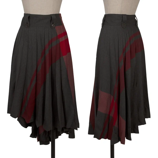 Y's Red Label Wool Curved Line Pleated Skirt Grey,Red 2 K-166595_001