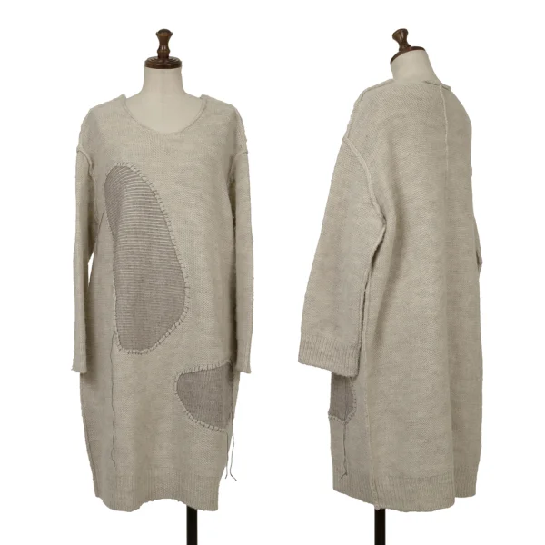 ワイズY's ウールパッチデザインハンドステッチロングニット グレー2