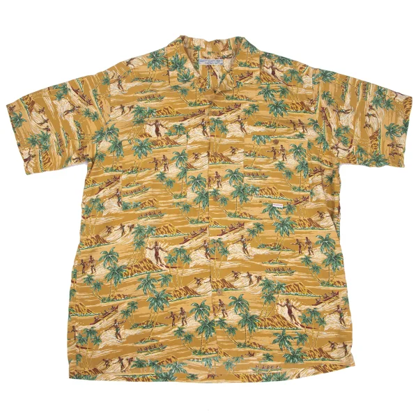 パパスPapas サーファープリントシルクアロハシャツ ベージュ他L