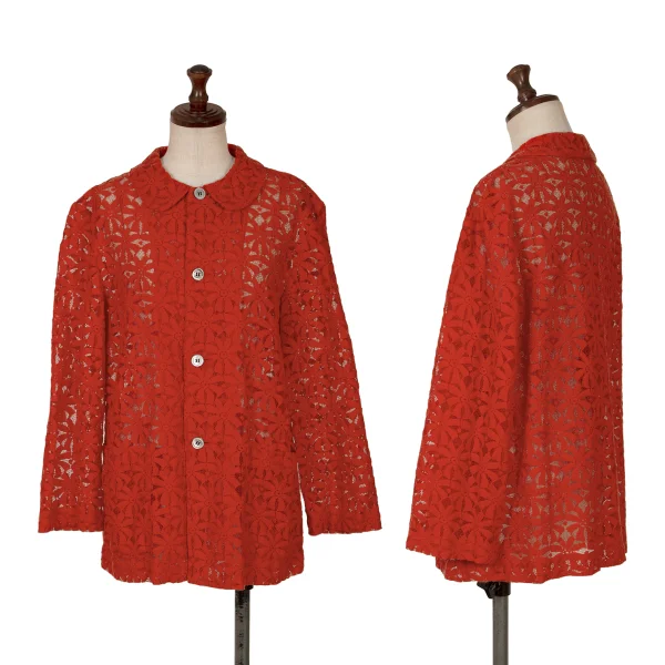 COMME des GARCONS Floral Lace Round Collar Shirt Jacket Red S-M K-166707_001