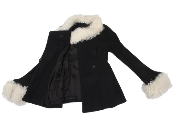 ヨウジヤマモトファムYohji Yamamoto FEMME ウール混シャギー着脱チェック織りニットジャケット 黒オフS K-166759_012