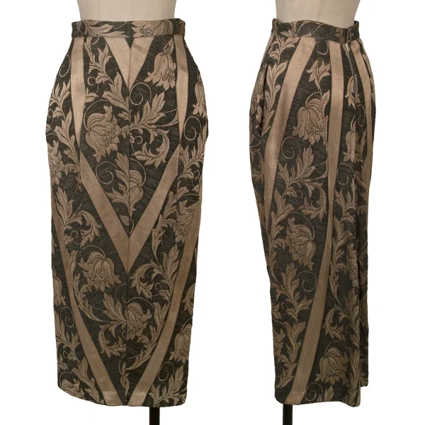 Unbranded Floral Jacquard Switching Hem Slit Skirt Dark Green,Beige M K-167007_001