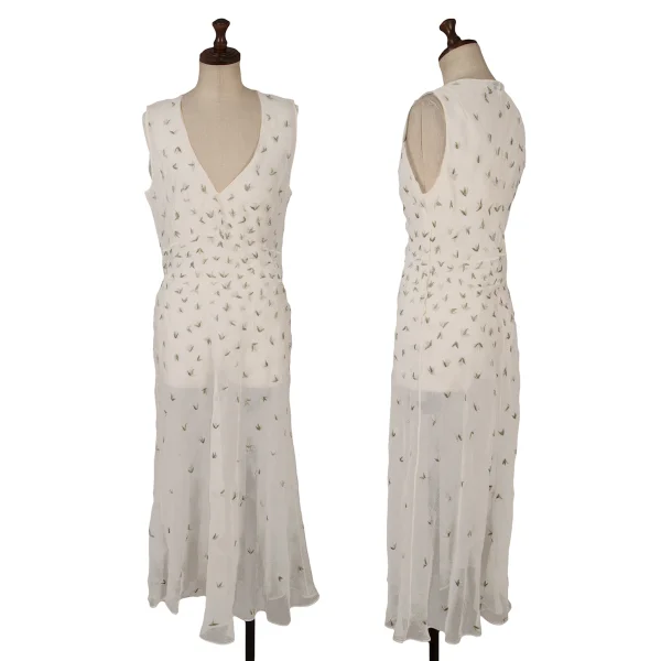PRADA Embroidery Sleeveless See-through Dress Ivory,Green 42 K-167008_001