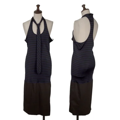 GAULTIER2 Stripe Switching Halter Neck Dress