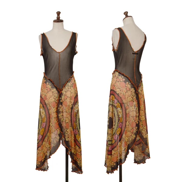 Jean Paul GAULTIER Floral Printed Mesh Sleeveless Dress Black,Orange 40 K-167074_001