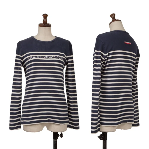 Jean Paul GAULTIER Logo Embroidery Striped Long Sleeve T-shirt Navy,White S-M K-167078_001