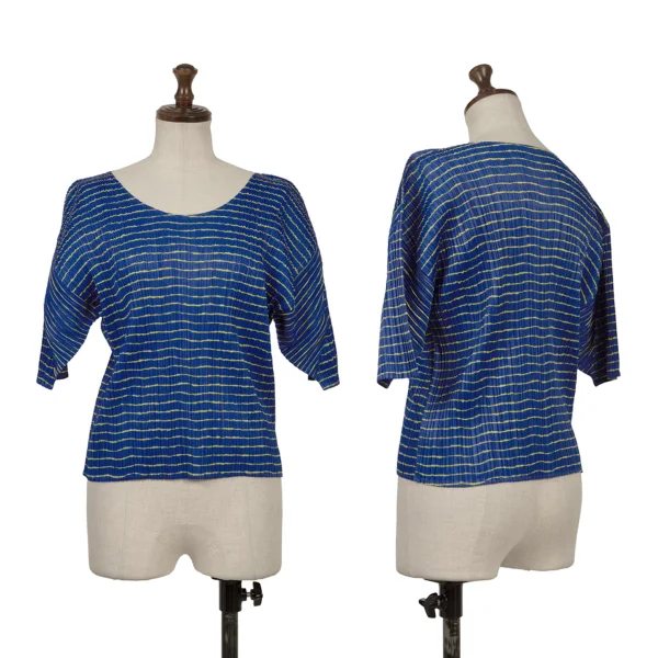 プリーツプリーズPLEATS PLEASE ボーダープリントTシャツ 青黄3 (K-167199)