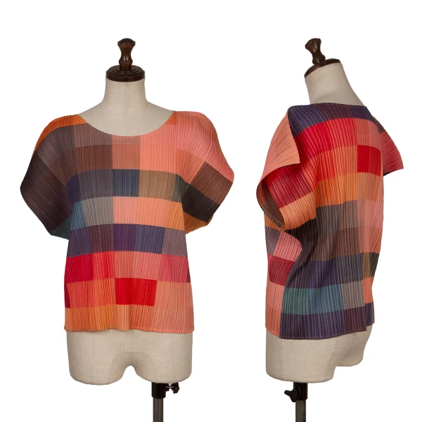 PLEATS PLEASE Colorful Checkered Sleeveless Top Pink,Multi-Color 4 K-167201_001