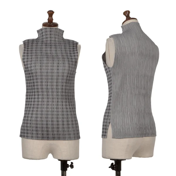 PLEATS PLEASE Check Print Wrinkled Pleats Sleeveless Top Grey 3 K-167217_001