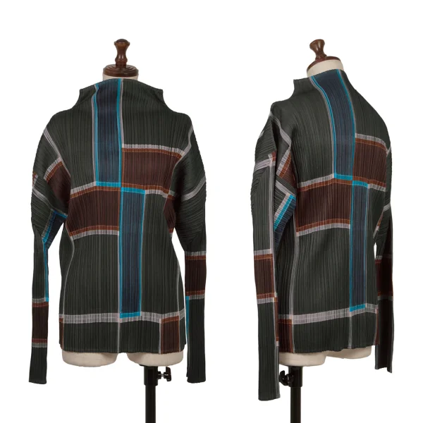 プリーツプリーズPLEATS PLEASE ブロック柄プリーツカットソー 深緑他3