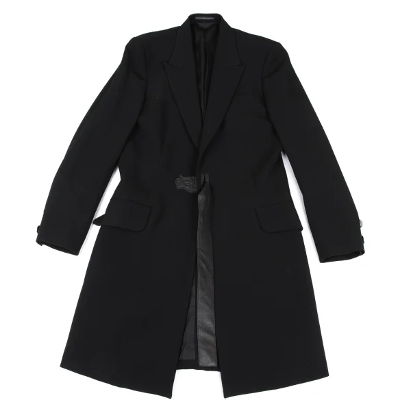 Y's for men Old Gabardine Leather Belted Long Jacket Black 4 K-167228_001