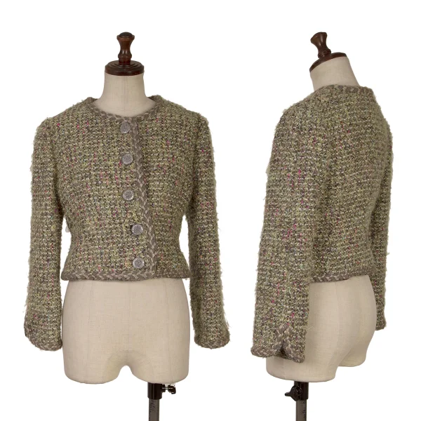 YUKI TORII Wool Blend Pile Tweed Collarless Jacket Light Green 9 K-167290_001