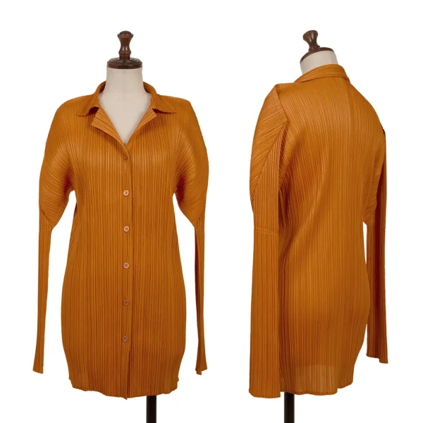 PLEATS PLEASE Pleated Open Collar Long Shirt Orange 4 K-167323_001