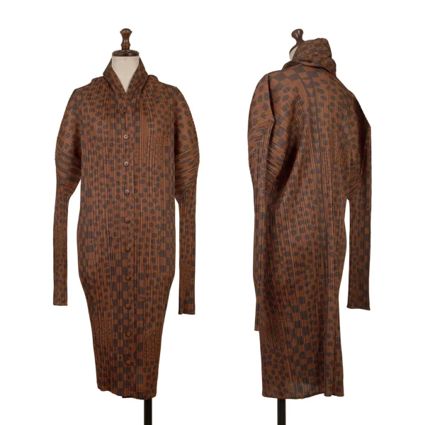 PLEATS PLEASE Dot Check Printed Halter Neck Long Cardigan Brown 4 K-167333_001