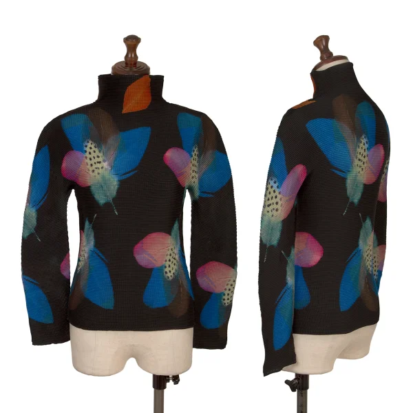ISSEY MIYAKE me Feather Print Stretch Pleats Top Black,Multi-Color F K-167341_001