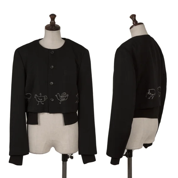 コムデギャルソンCOMME des GARCONS 鳥刺繍ノーカラーレイヤージャケット 黒M