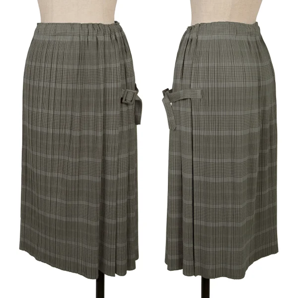 PLEATS PLEASE Pleated Stripe Side Belt Skirt Khaki,Charcoal 1 K-167443_001