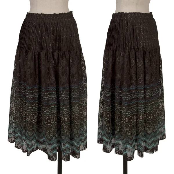 HIROKO KOSHINO Geometric Floral Lace Pleated Skirt Brown,Sky blue 38 K-167462_001