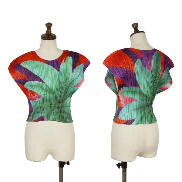 プリーツプリーズPLEATS PLEASE CARNIVAL カラフルボタニカルプリントノースリーブ 赤緑紫F
