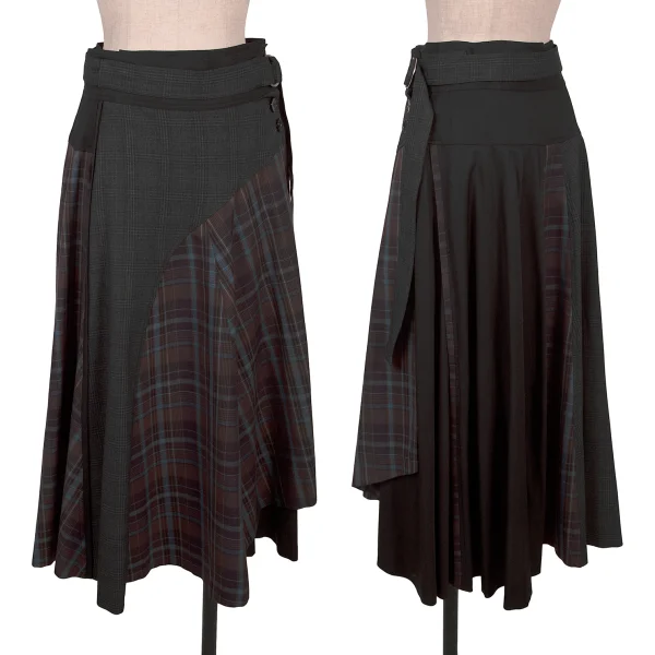 LANVIN en Bleu チェック切替ドレープラップスカート 黒グレー他36