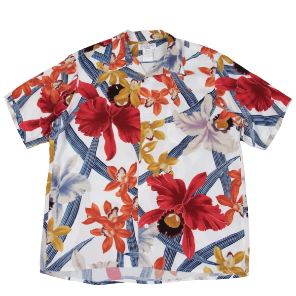ヨウジヤマモト プールオムYohji Yamamoto POUR HOMME レーヨンフローラルプリントアロハシャツ 白マルチ3