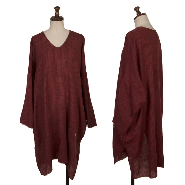 ヨーガンレール ババグーリJURGEN LEHL Babaghuri ウールグリットチェック織りオフショルダーワンピース 赤青M