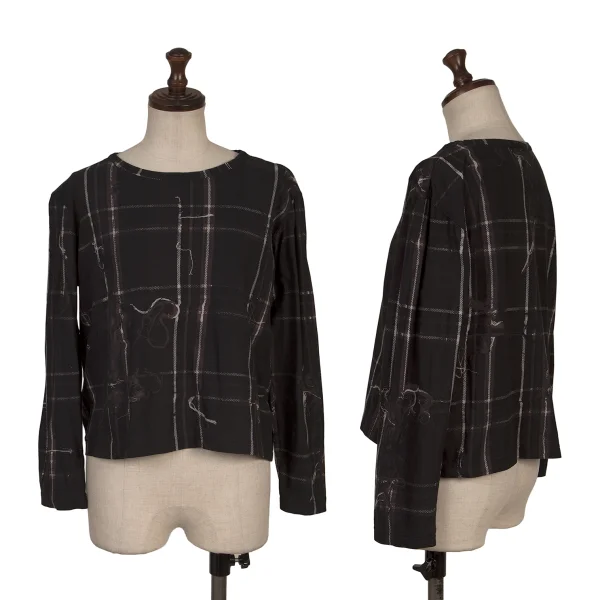Y's Frayed Check Print Top Black 2 K-167721_001