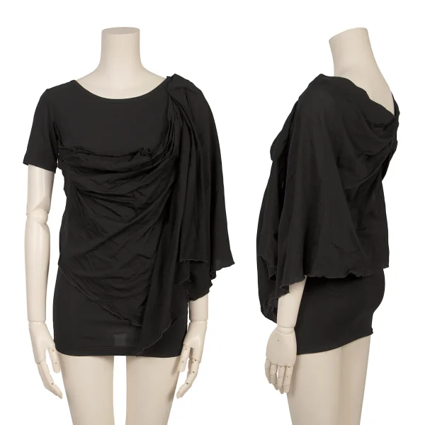 ヨウジヤマモト ファムYohji Yamamoto FEMME ドレープ貼り付けアシンメトリーストレッチカットソー 黒2