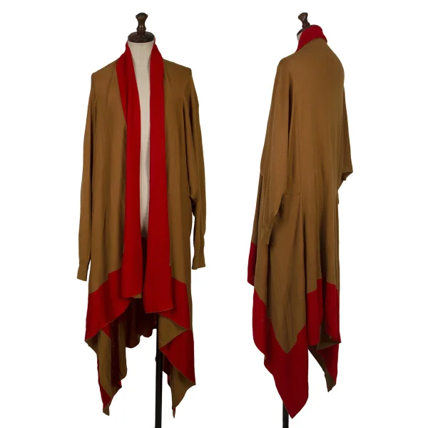PLEATS PLEASE Color-trimmed Bicolor Knit Long Cardigan Brown,Red 3 K-167871_001