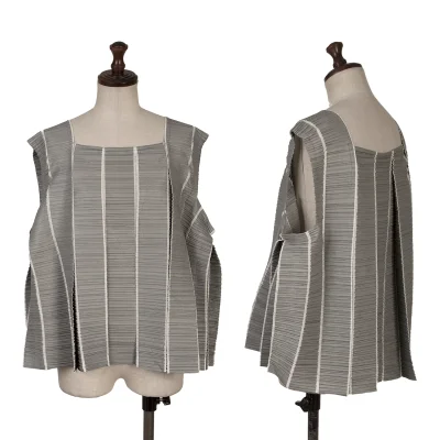PLEATS PLEASE Striped Weave Square-neck Sleeveless Blouse