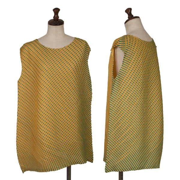PLEATS PLEASE Check Diagonal Pleated Sleeveless Top Yellow,Green 3 K-167879_001